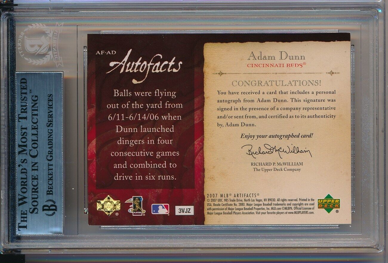 Adam Dunn Cincinnati Reds Signed 2007 Artifacts Autofacts Card Beckett 148165