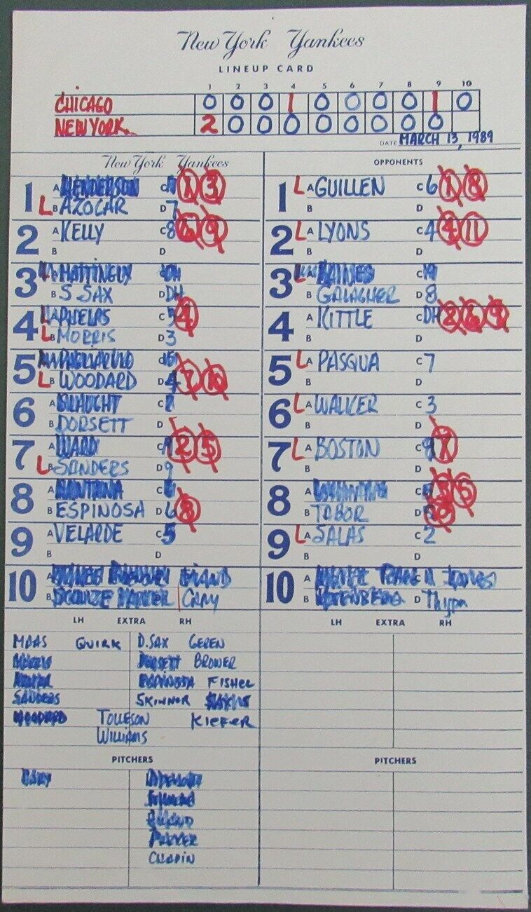 1989 New York Yankees Spring Training 9x15 Lineup Card vs. White Sox 151349