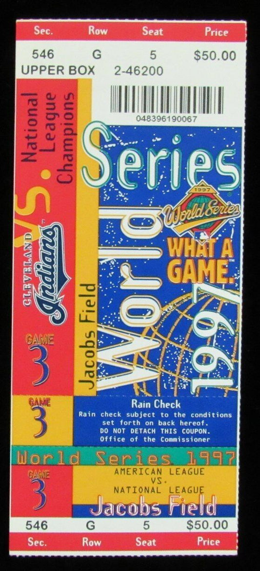 1997 World Series Game 3 Full Ticket Florida Marlins vs. Cleveland 180957