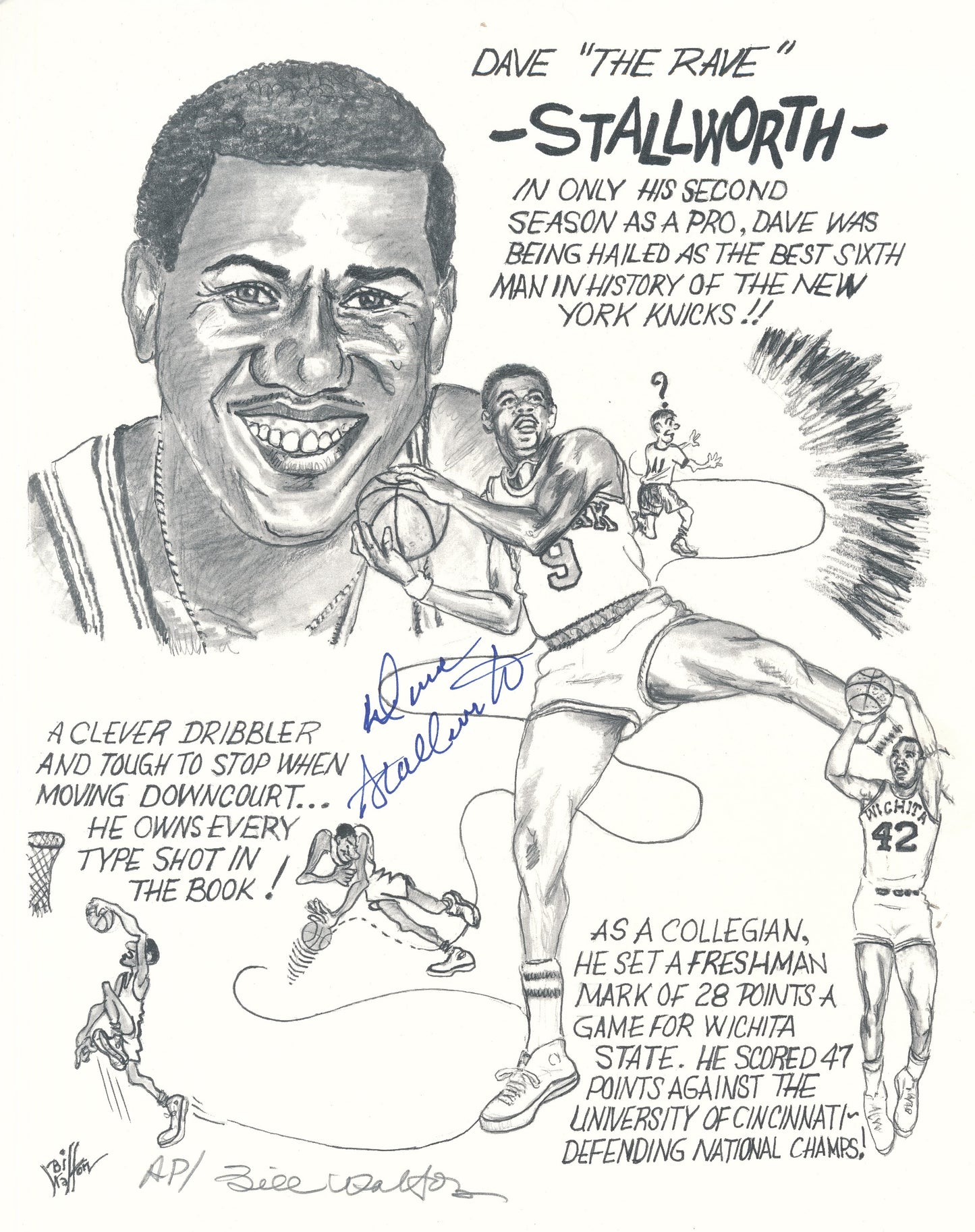 Dave "The Rave" Stallworth Autographed Sketch Drawing New York Knicks