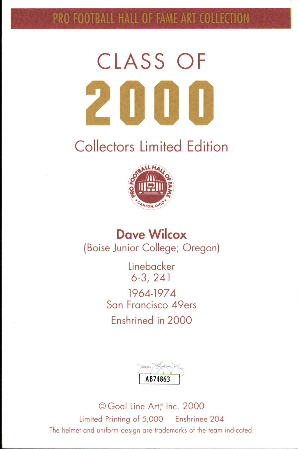Dave Wilcox HOF Autographed/Inscribed Goal Line Art GLAC Postcard 49ers JSA