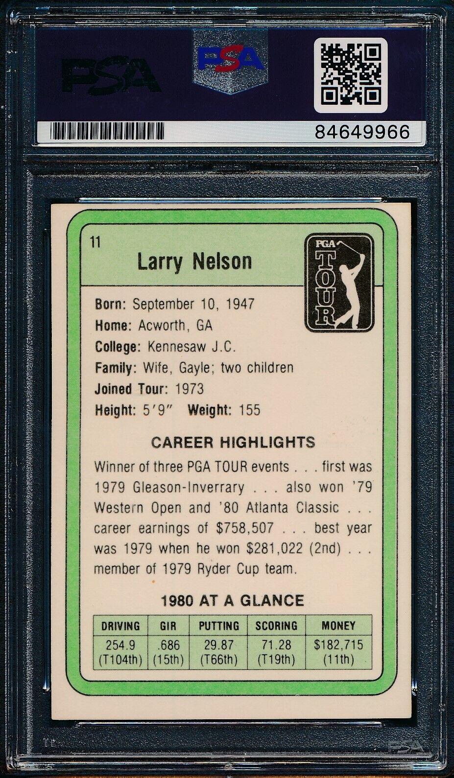 1981 DONRUSS PGA Larry Nelson #11 Authentic Card Signed PSA/DNA 176016