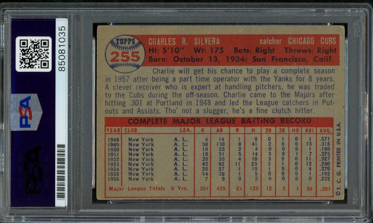 Charlie Silvera Signed 1957 Topps Trading Card #255 Chicago Cubs PSA/DNA 183580