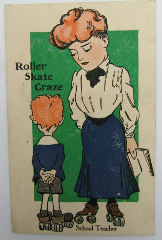 Roller Skating Craze Comic, Teacher on Skates, Vintage 1906 Postcard