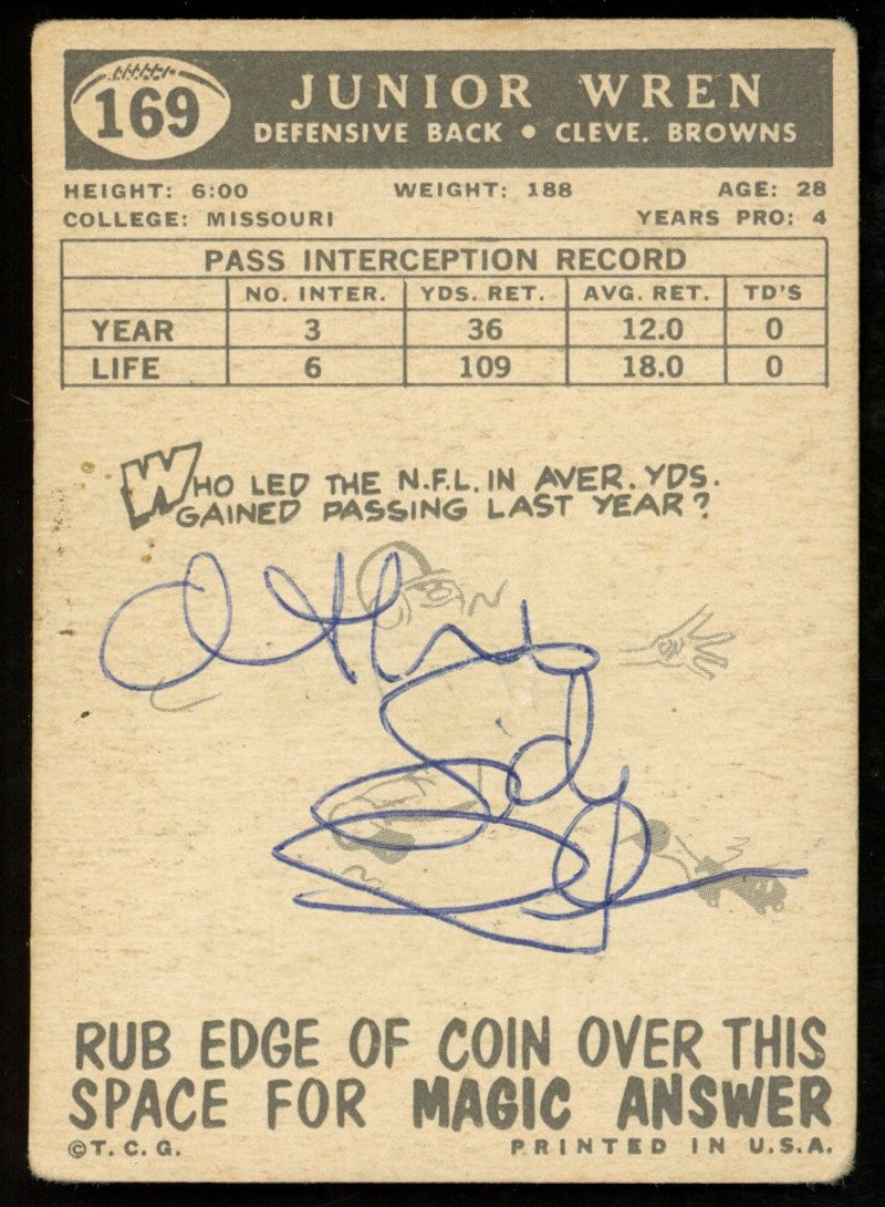 1959 TOPPS Football Card #169 Signed/Auto Junior Wren Cleveland Browns