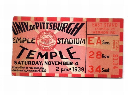 1939 Temple vs. Pitt Football Ticket Stub at Temple Stadium 11/4/39 129653