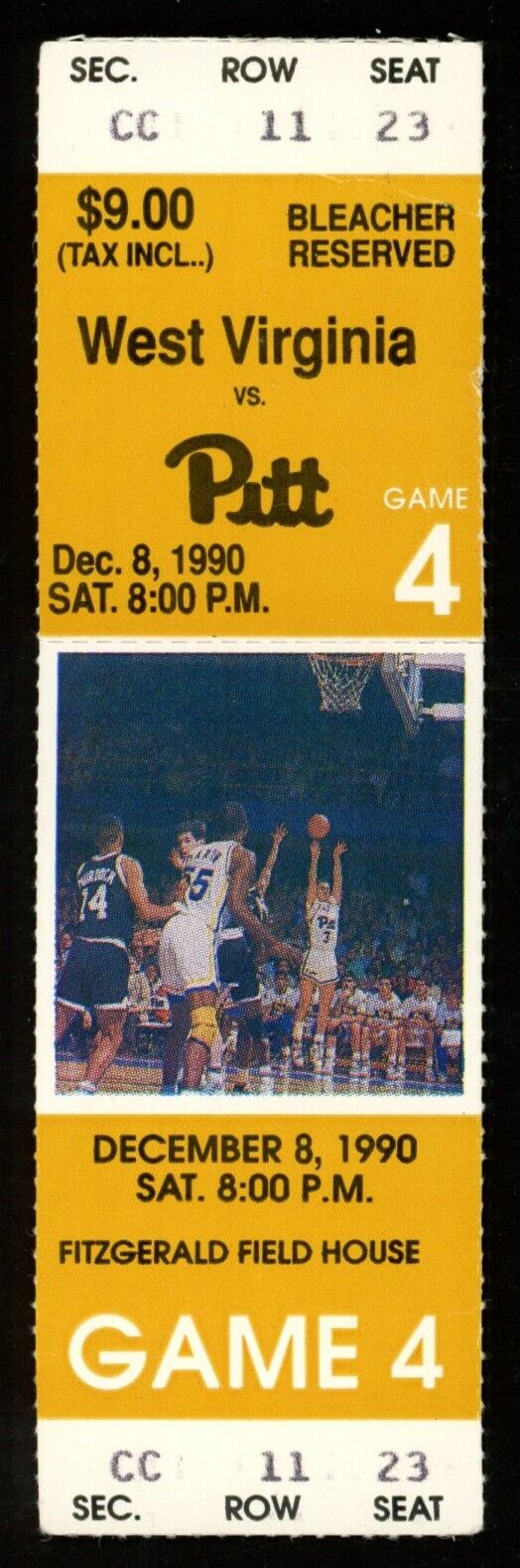 December 8, 1990 Pitt vs. West Virginia College Basketball Game Full Ticket