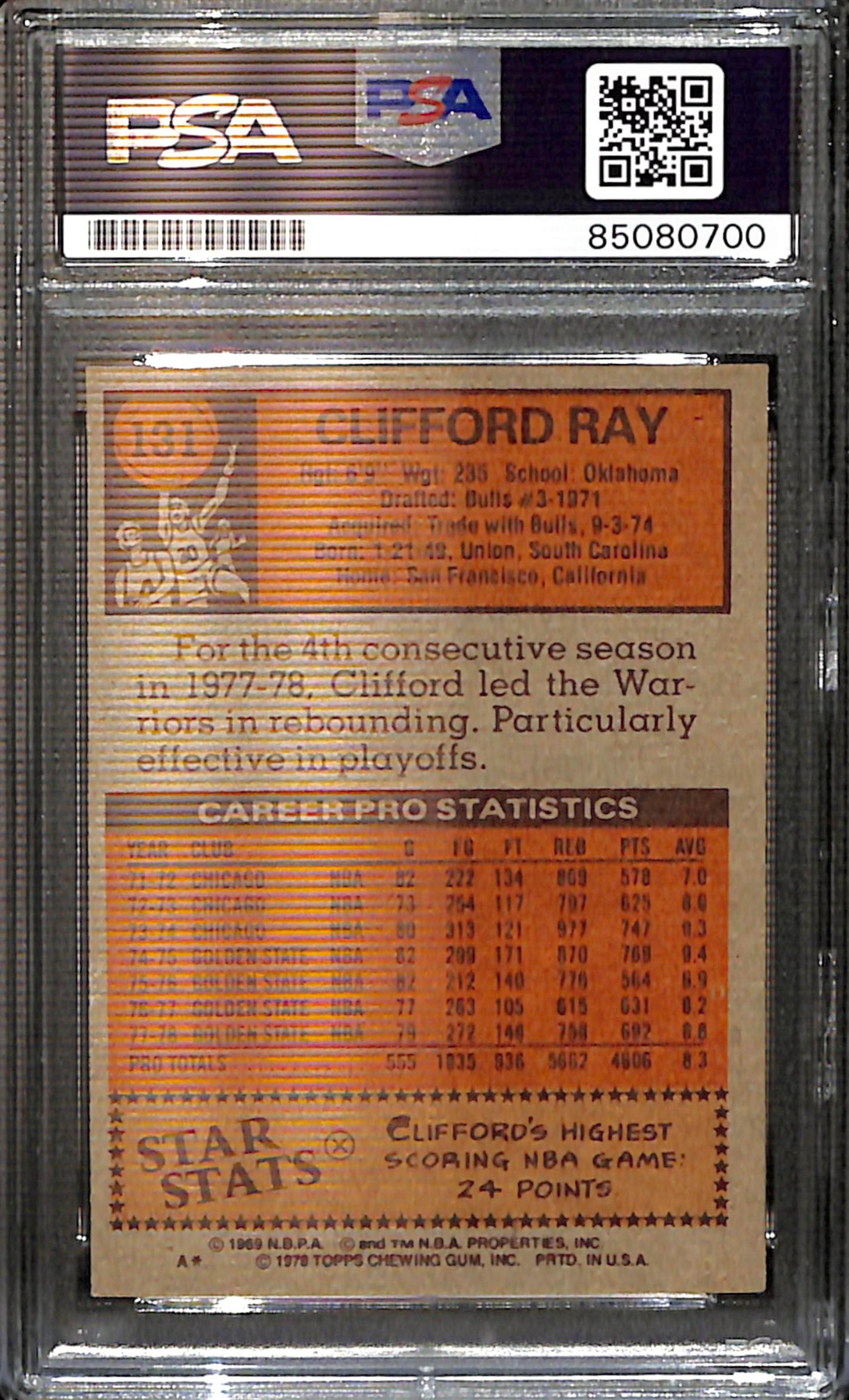 Clifford Ray Signed/Auto 1978 Topps Card #33 Warriors PSA/DNA 185417