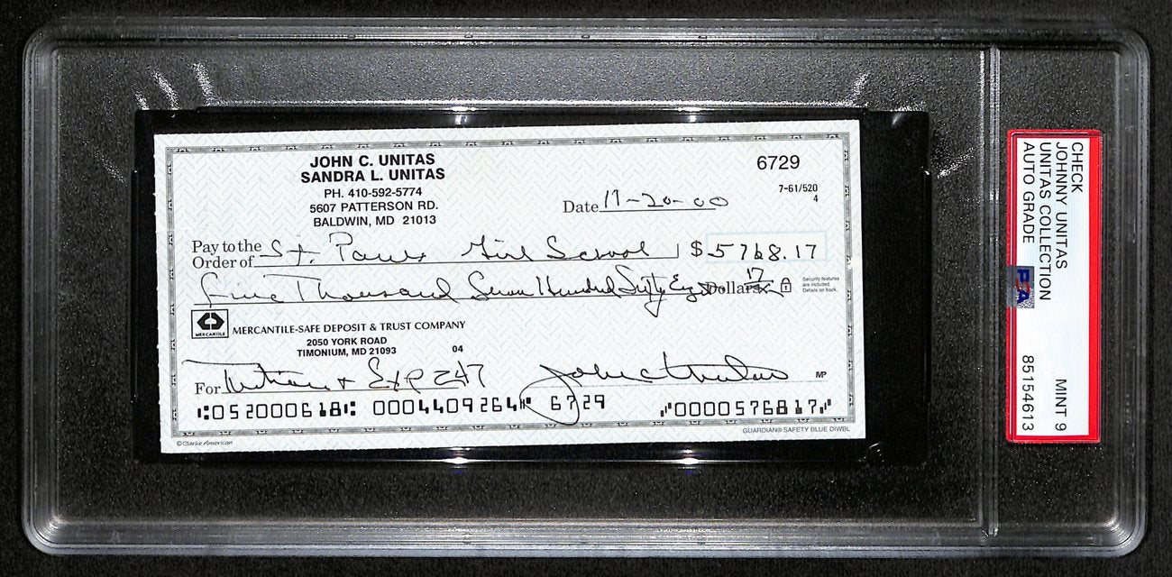 Johnny Unitas Signed 11/20/00 Check PSA/DNA MINT 9 188676