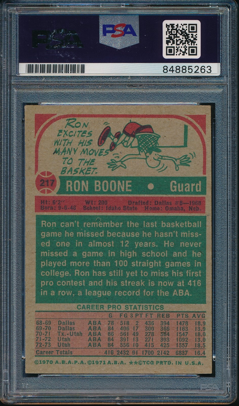 Ron Boone Utah Stars Autographed 1973-74 TOPPS Card #217 PSA/DNA 182134