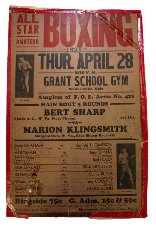 Bert Sharp vs. Marion Klingsmith 14x22 On Site 1938 Amateur Boxing Poster Ohio