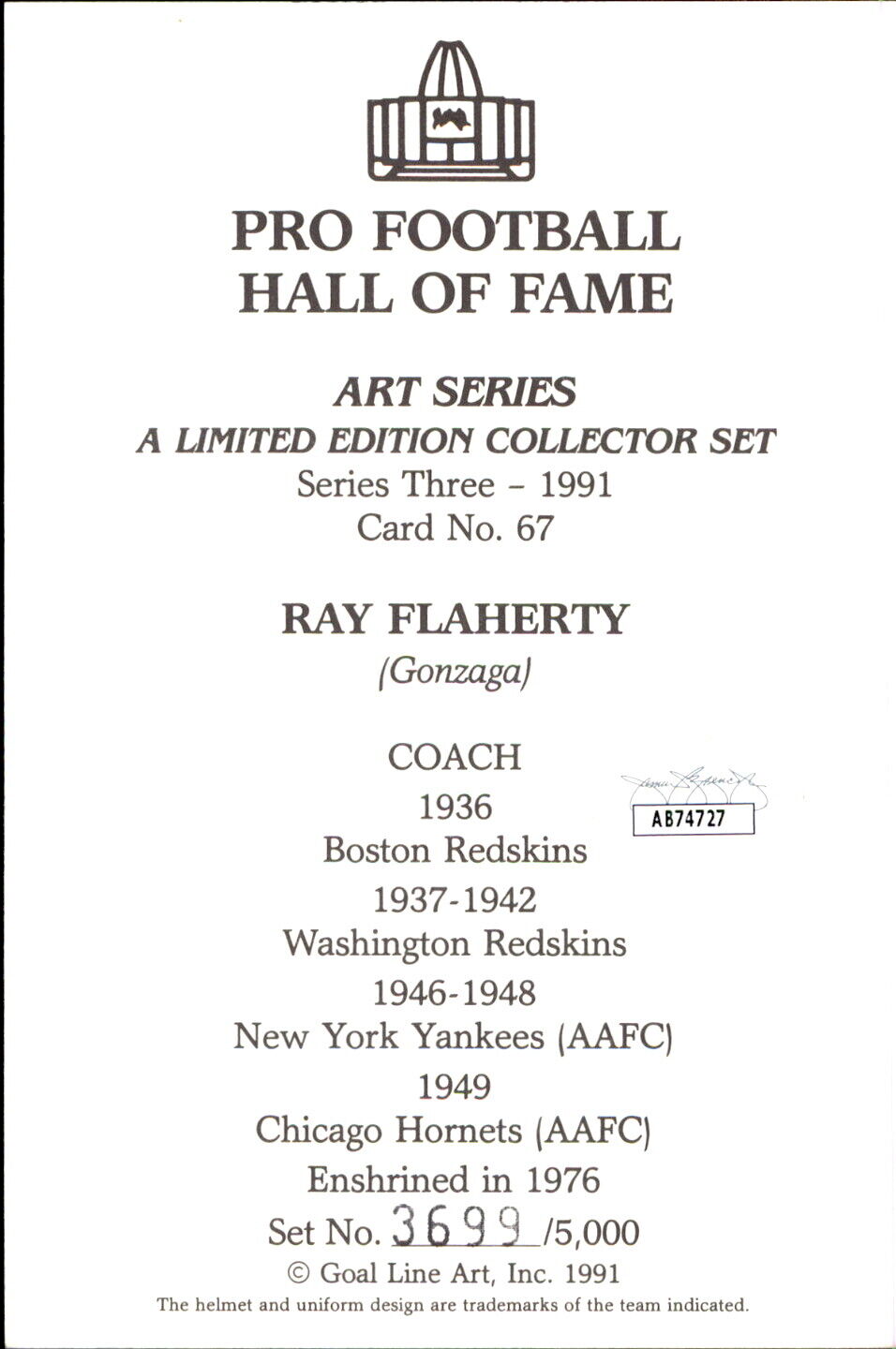 Ray Flaherty HOF Autographed Goal Line Art GLAC Postcard Redskins JSA