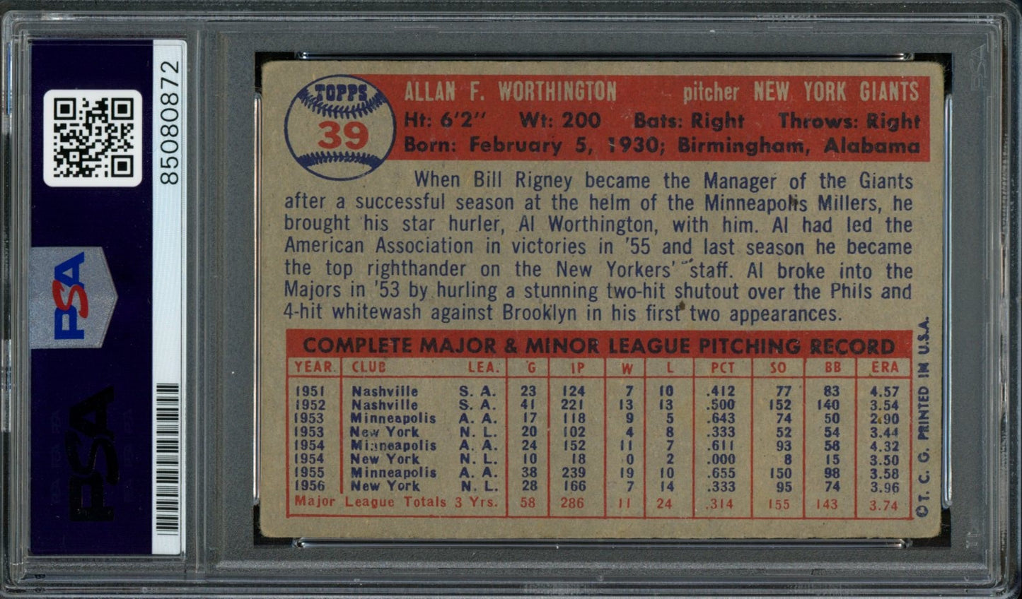 1957 TOPPS Al Worthington #39 Auth Card Signed New York Giants PSA/DNA 184116