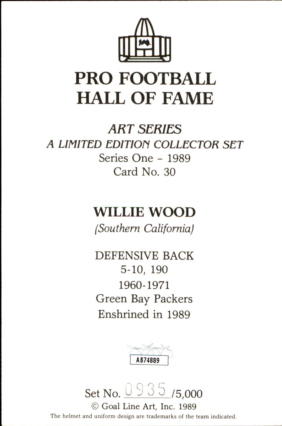 Willie Wood HOF Autographed Goal Line Art GLAC Postcard Packers JSA