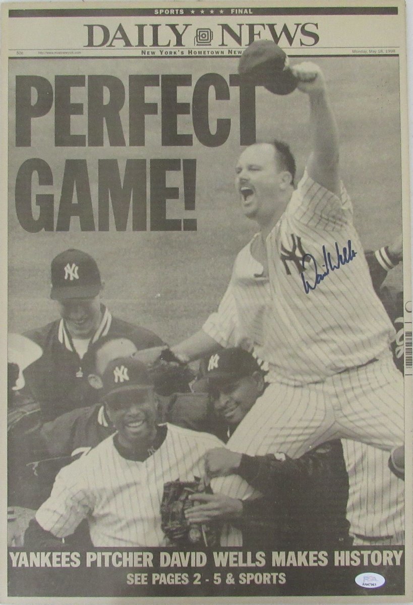 David Wells Signed 16x20 Newspaper Photo 1998 Perfect Game Yankee PSA/DNA 191590
