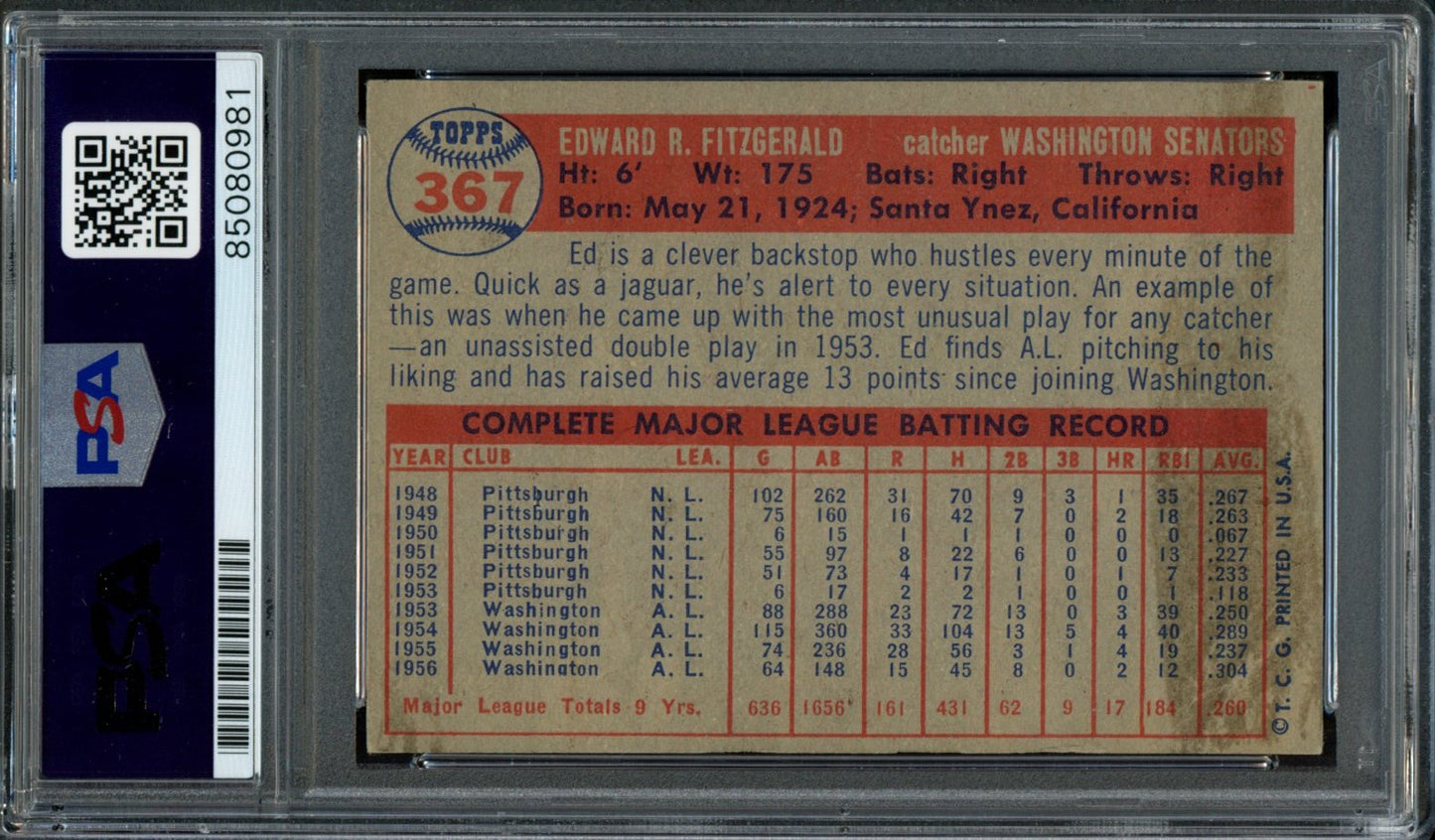 1957 TOPPS Ed Fitzgerald #367 Auth Card Signed Senators PSA/DNA 184086