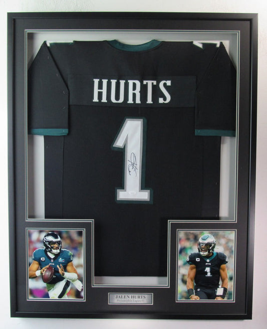 Jalen Hurts Signed Black Custom Football Jersey Eagles Framed JSA 184687