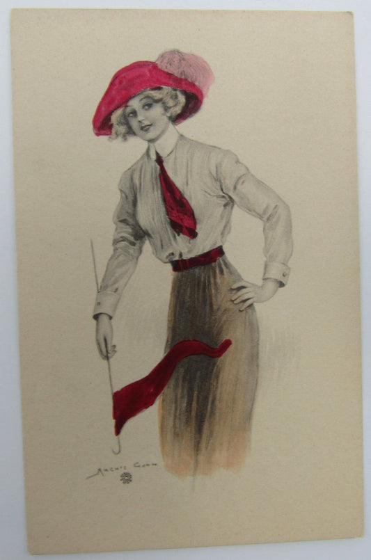 Archie Gunn, Bergman 1913 Unused Postcard, Woman Holding a Pennant