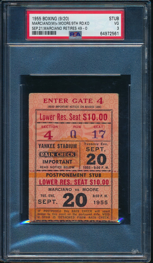 1955 Rocky Marciano vs Moore Last Fight Ticket Stub Yankee Stadium PSA 188180