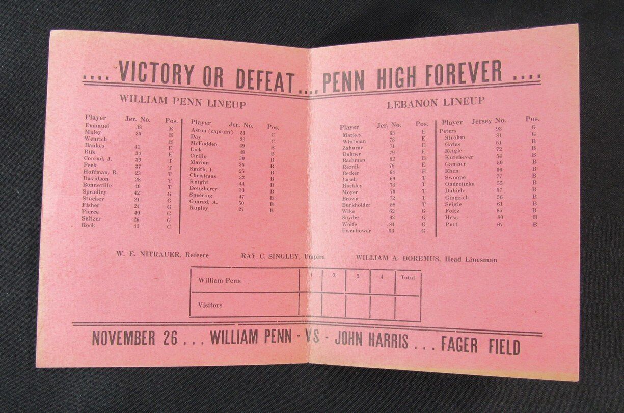 1942 Lebanon vs. William Penn High School Football Game Program 11/14