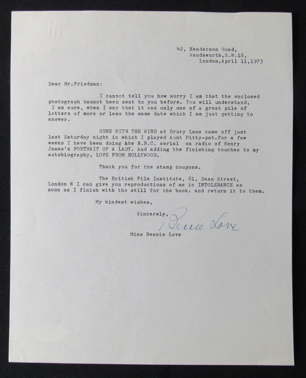 Bessie Love Actress Autographed 1973 TLS Typed Letter Signed PSA/DNA 177037