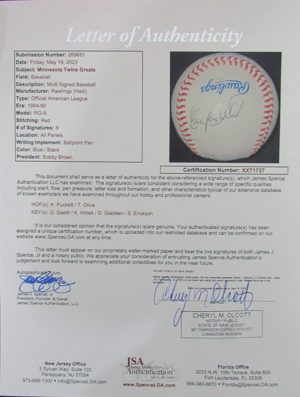 Minnesota Twins Greats Signed by 6 OAL Baseball Kirby Puckett Oliva JSA 179903