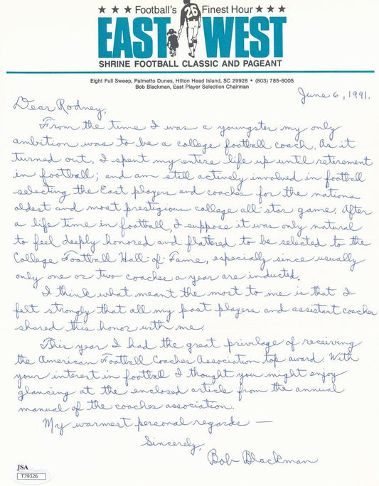 Bob Blackman USC/Dartmouth FB Coach CFHOF Signed Handwritten Letter JSA 137178