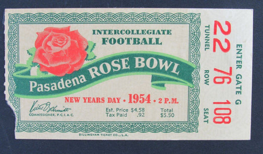 1954 Rose Bowl Ticket Stub Michigan State Spartans vs. UCLA Bruins Billy Wells