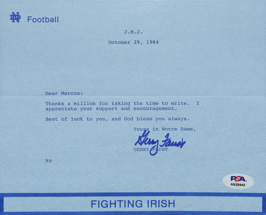 Gerry Faust Signed/Auto TLS Letter Notre Dame Head Football Coach PSA/DNA 185207