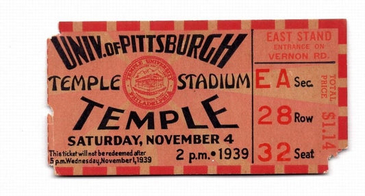 1939 Temple vs. Pitt Football Ticket Stub at Temple Stadium 11/4/39 129654