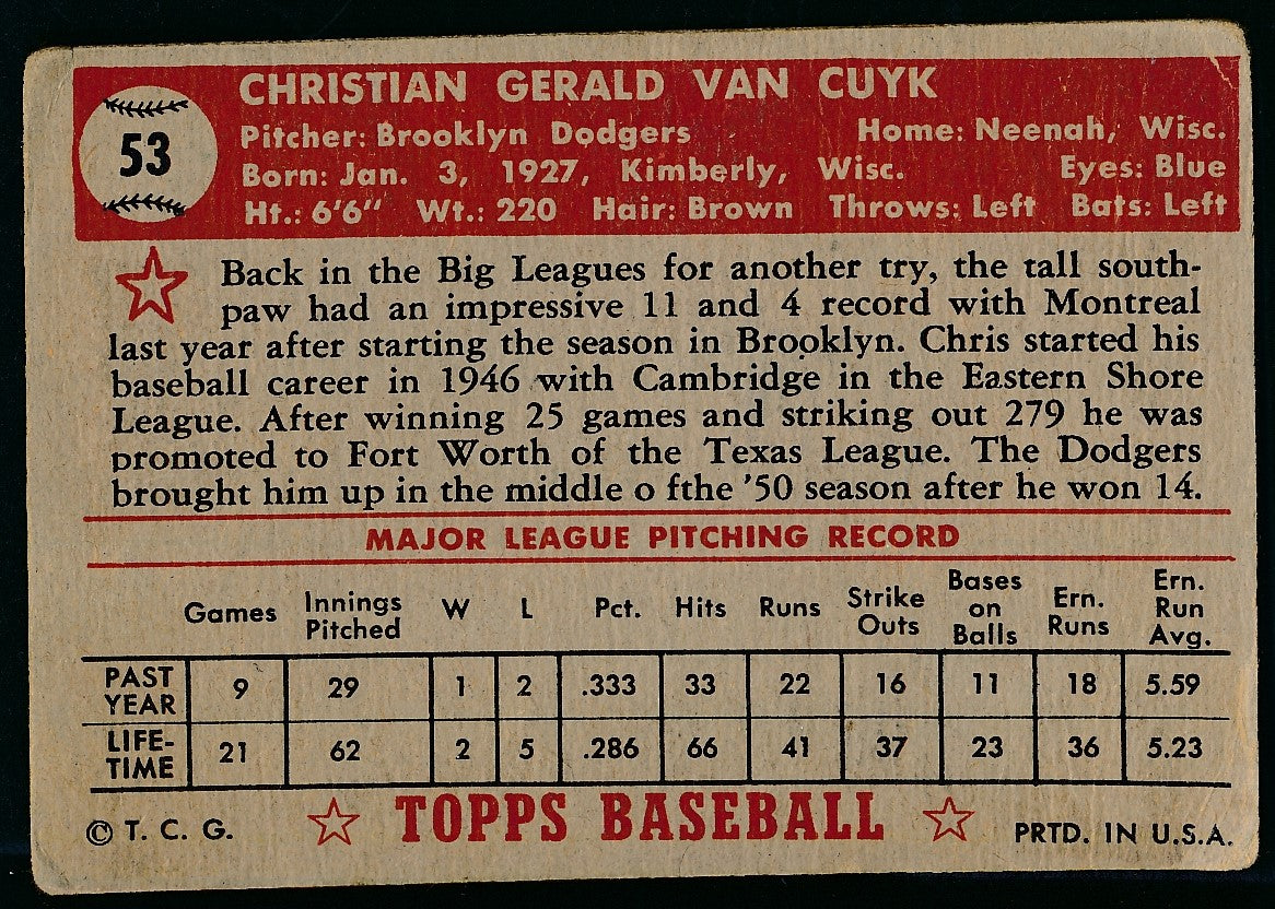 1953 TOPPS Chris Van Cuyk Card #53 Brooklyn Dodgers 177154