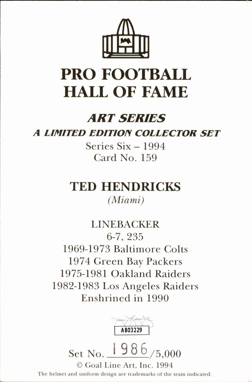 Ted Hendricks HOF Raiders Signed/Inscr Goal Line Art GLAC Postcard JSA 167117