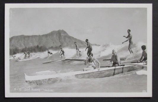 Vintage Surfing  Waikiki Theme B/W Photo Postcard