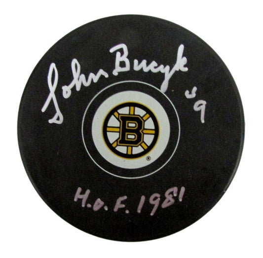 John Bucyk HOF Signed/Inscribed Boston Bruins Hockey Puck PSA/DNA 158612