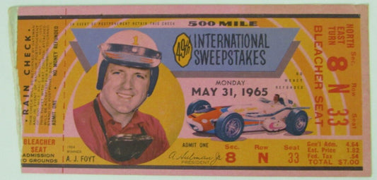 Vintage 1965 Indianapolis Indy 500 Race Ticket Stub A.J. Foyt