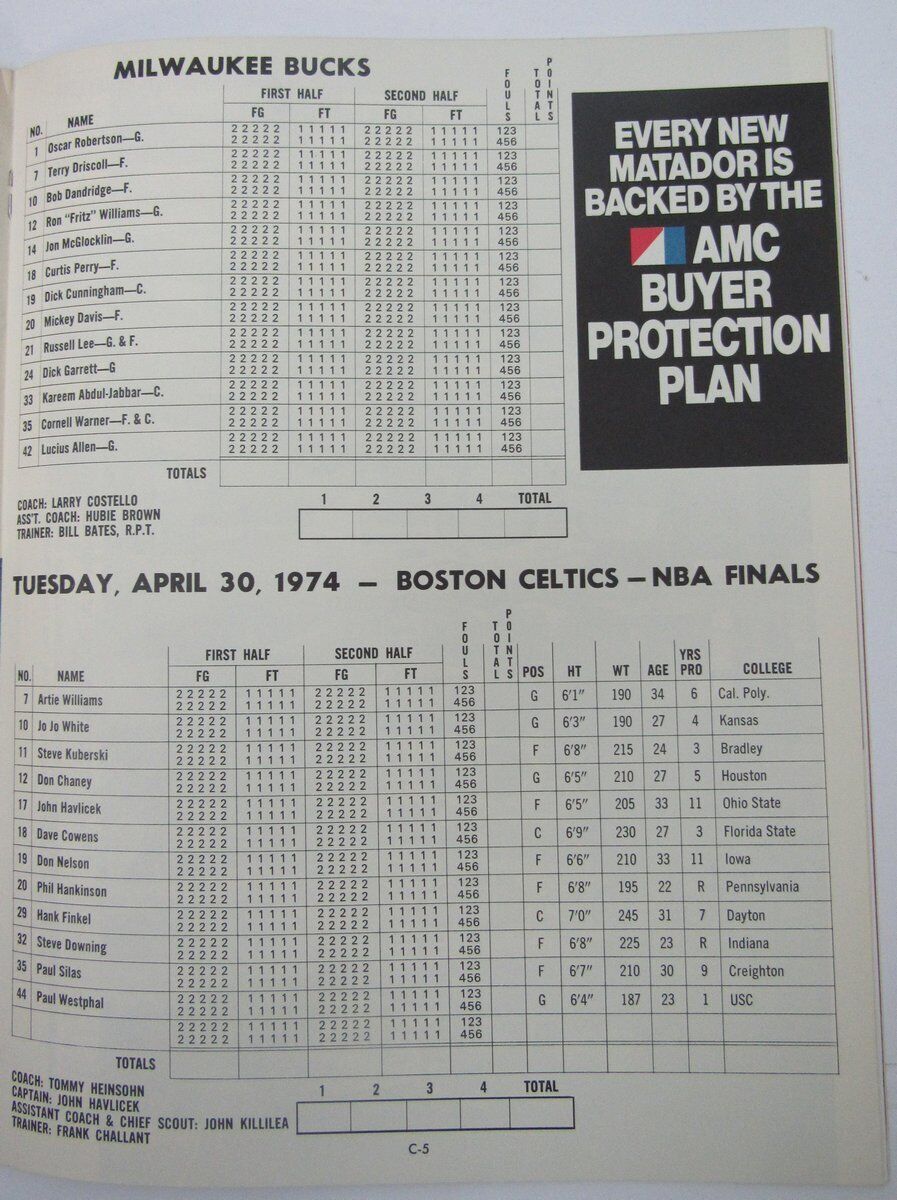 1973-74 Milwaukee Bucks vs. Boston Celtics Game 2 Playoff Program 159953