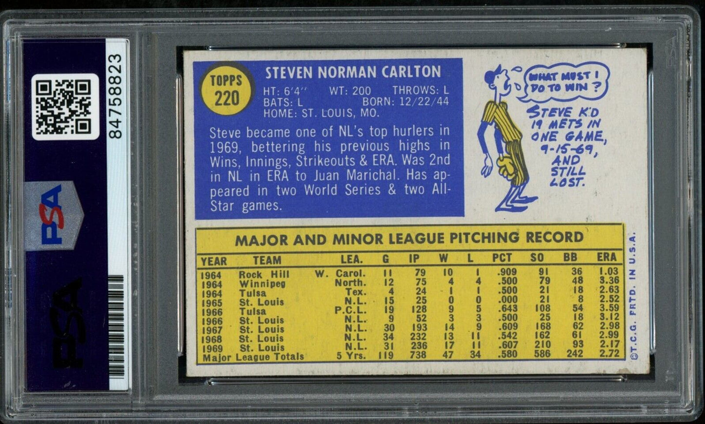 1970 TOPPS Steve Carlton HOF #220 Authentic Card Signed Cardinals PSA/DNA