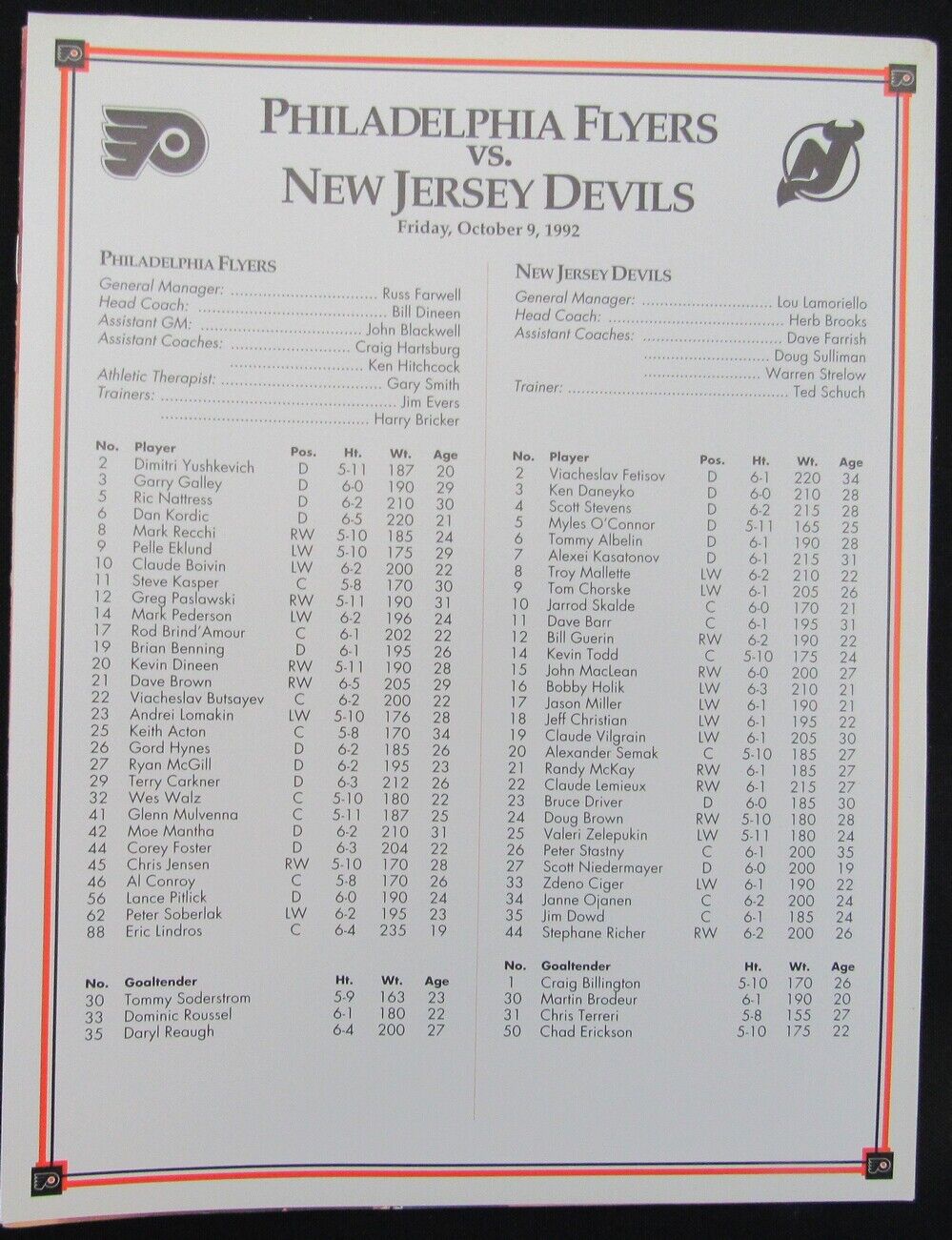 Oct. 9 1992 Devils @ Flyers Eric Lindros 2nd NHL Game Program 157691