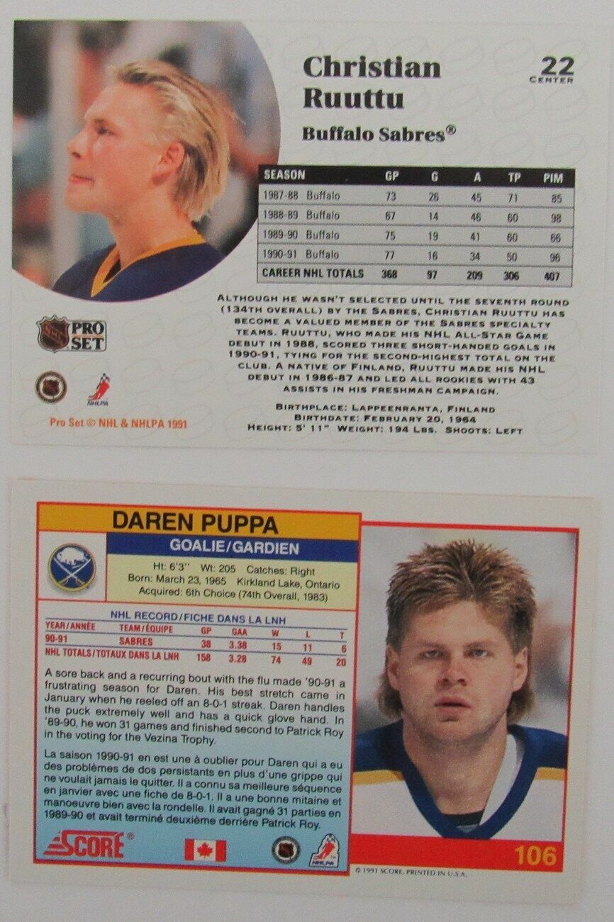 Lot of 2 Signed/Autographed Buffalo Sabres 1991 NHL Trading Cards 159346