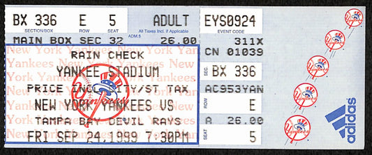 1999 Ticket Stub Yankees vs. Rays NY clinch's AL East Soriano 1st Career Hit