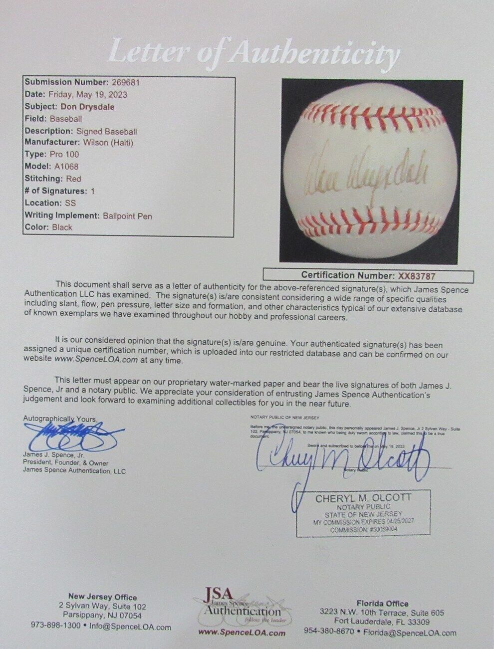 Don Drysdale HOF Autographed PRO 100 Baseball LA Dodgers JSA 179904