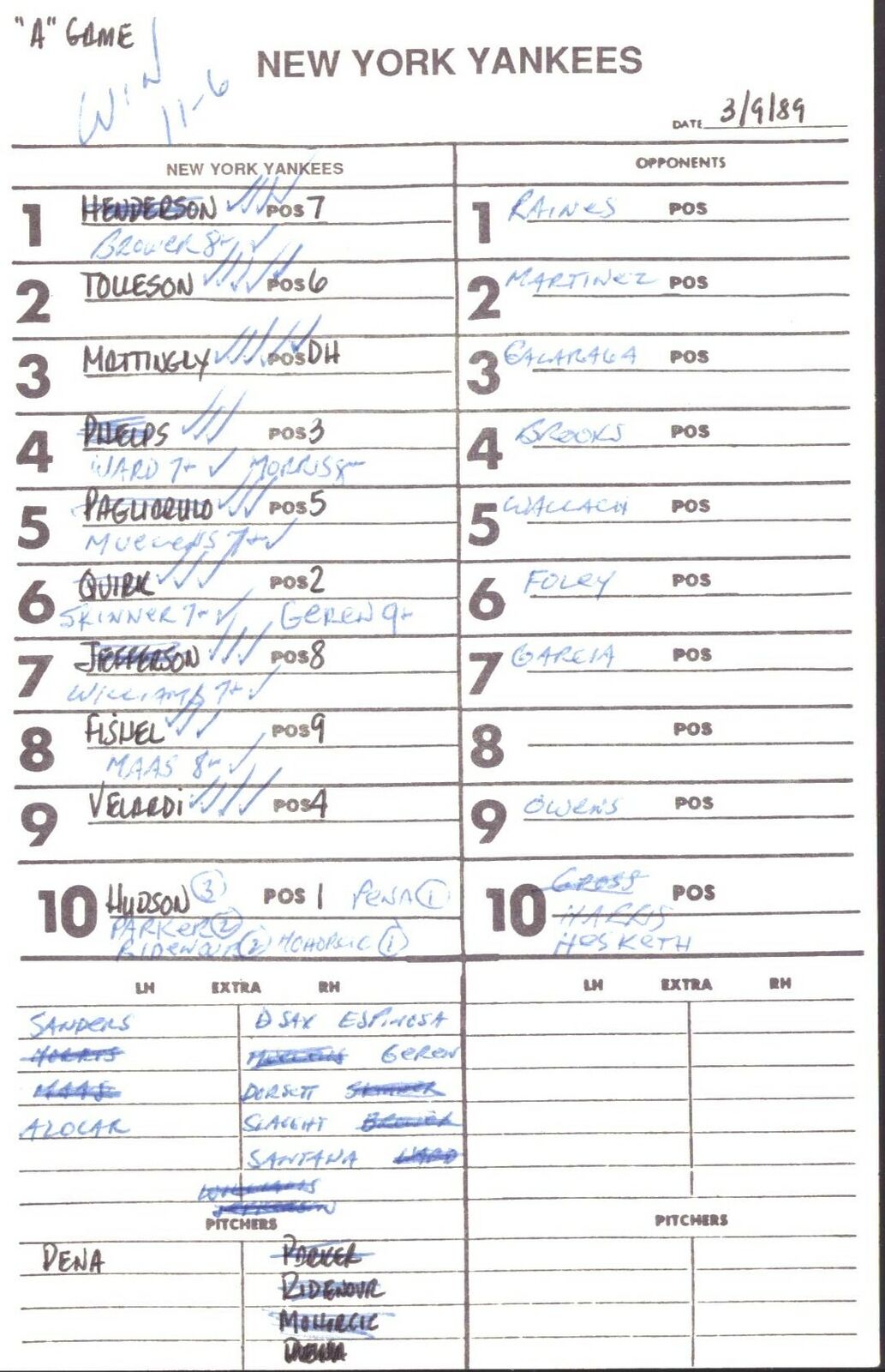 1989 New York Yankees Spring Training 5.5x8.5 Lineup Card vs Expos 151555