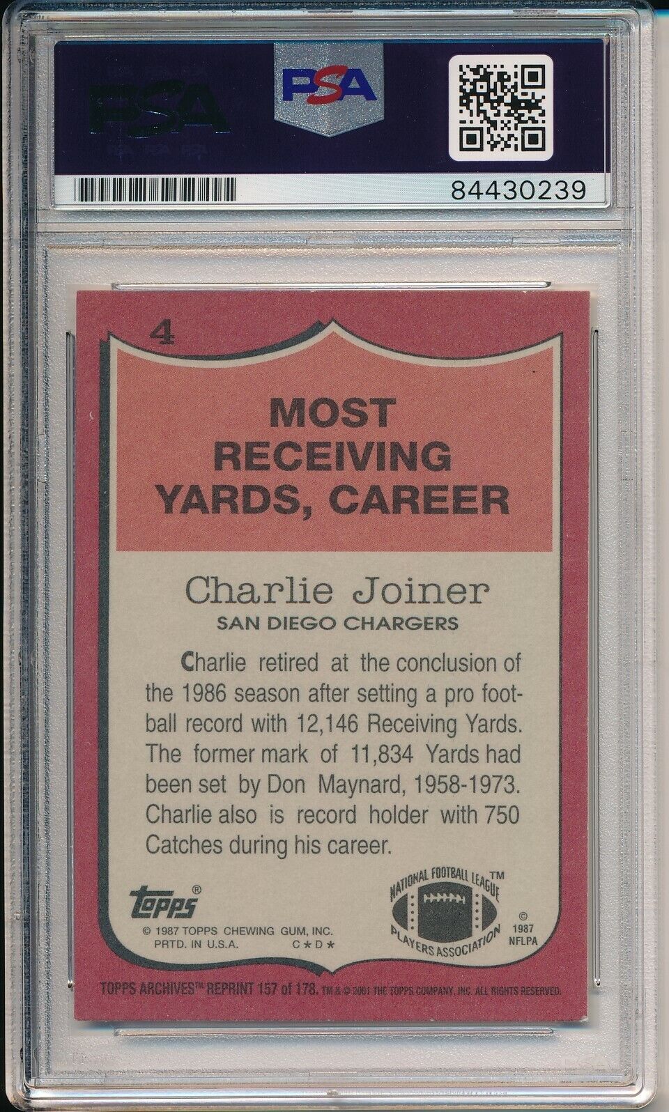 Charlie Joiner HOF Chargers Signed/Autographed 2001 TOPPS Card #4 PSA/DNA 164530