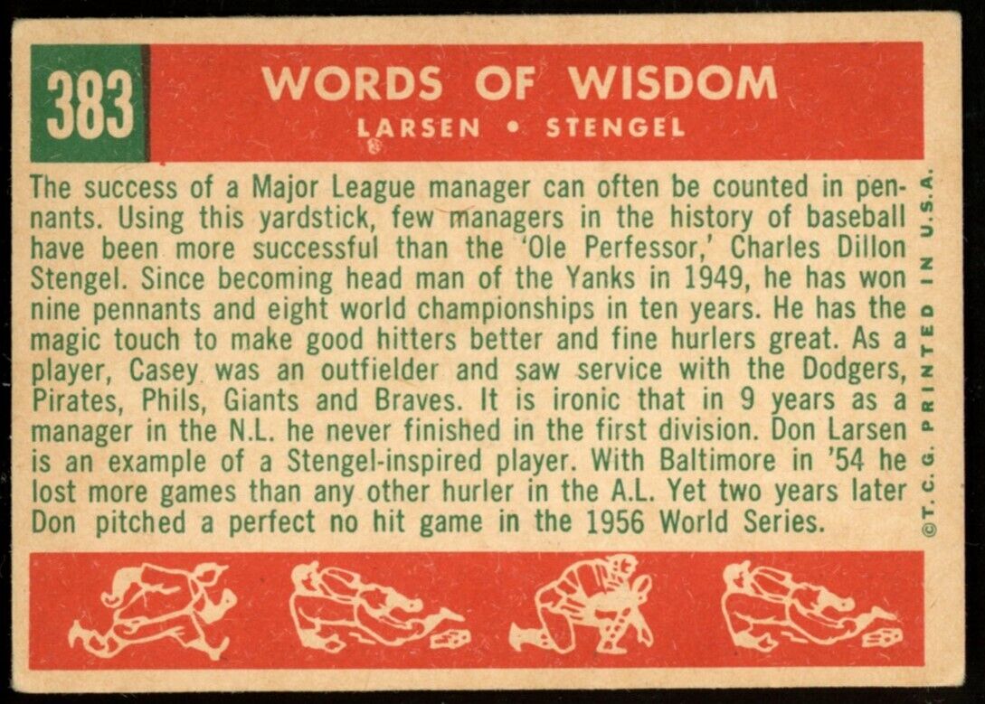 1959 Topps Baseball Don Larsen/Casey Stengel HOF #383 New York Yankees