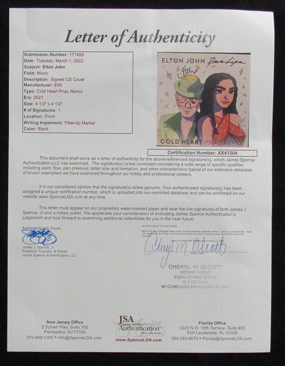 ELTON JOHN Autographed Elton & Dua "Cold Heart Pnau Remix" CD Insert - JSA LOA