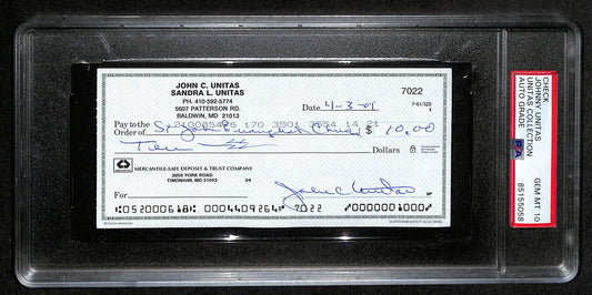 Johnny Unitas HOF Signed/Auto 2001 Bank Check Colts PSA/DNA GEM MT 10 192619