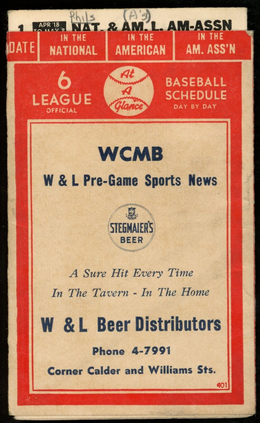 S.K.C. 1949 Six Baseball Leagues 3x5 Slide Pocket Schedule