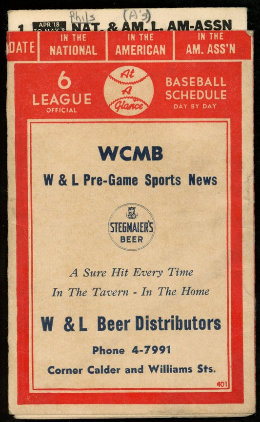 S.K.C. 1949 Six Baseball Leagues 3x5 Slide Pocket Schedule