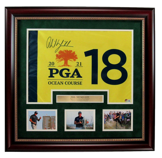 Phil Mickelson Autographed 2021 PGA Championship Pin Flag Framed Beckett 188980