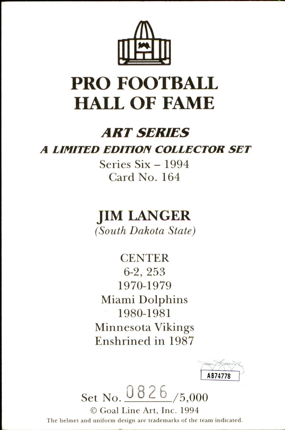 Jim Langer HOF Autographed Goal Line Art GLAC Postcard Miami Dolphins JSA